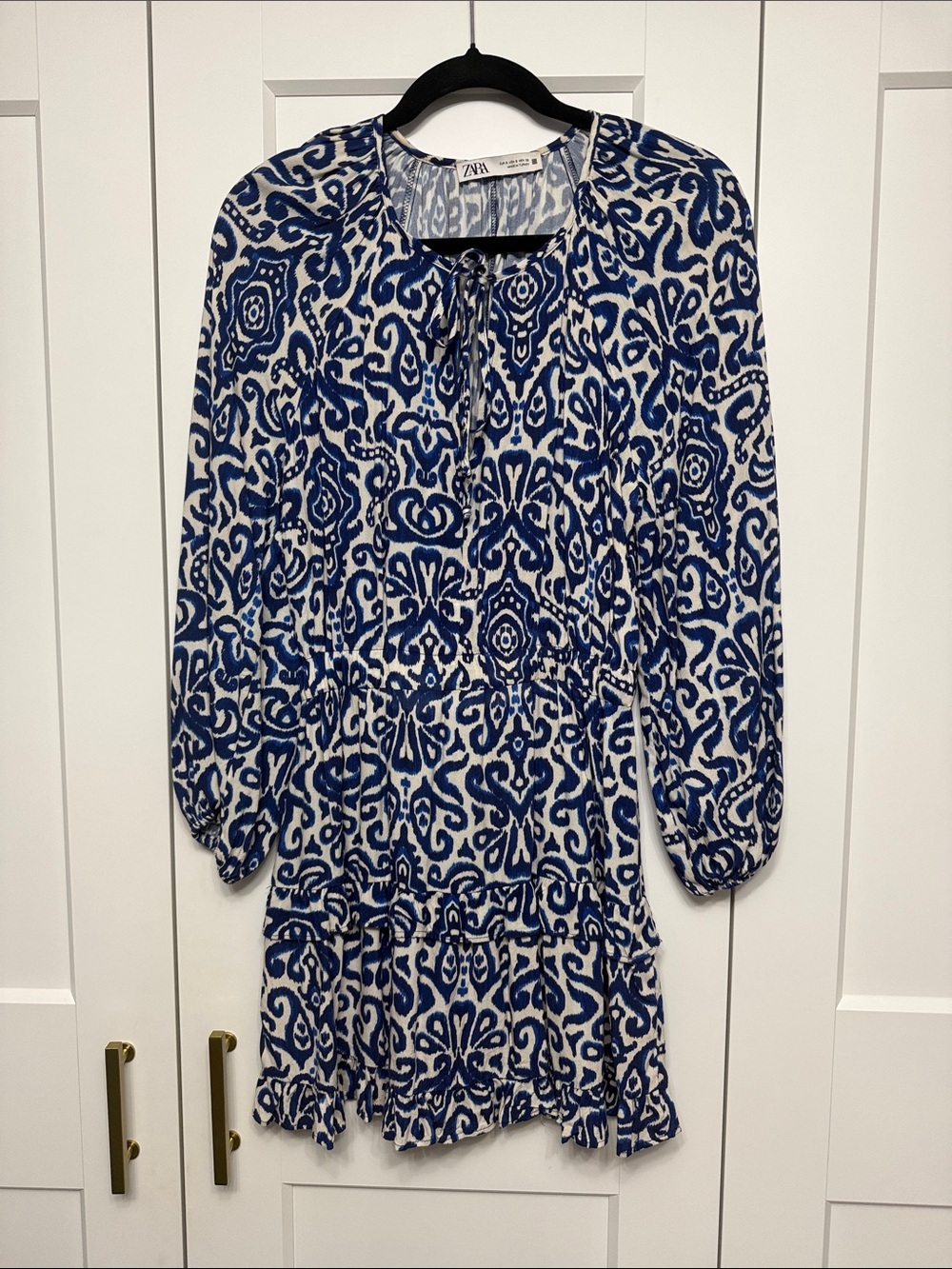 Zara Blue and White Printed Long-Sleeve Tiered Dress